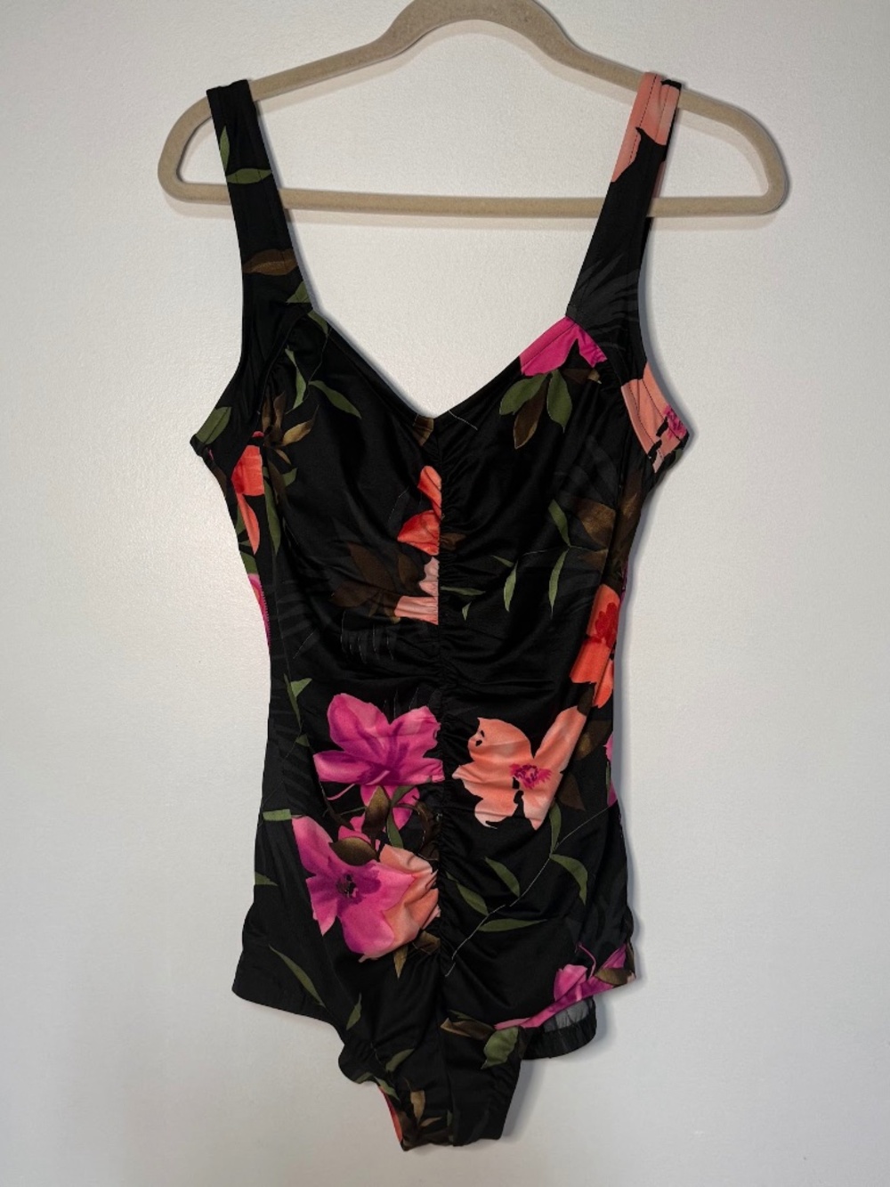 Vintage Rose Marie Reid Floral Ruched Pink Black Swimsuit One Piece Pin Up